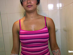 Cleaning lady drenched in oil and ppunded