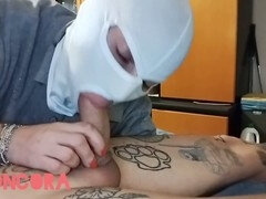 Amateur blowjob and quick handjob with a pussy tattoo