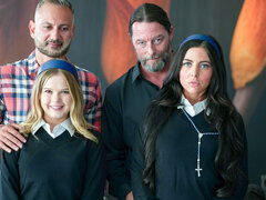 ブロンド, 茶髪の, フォアサム, グループ, キス, 馬乗り, ティーン, オッパイの