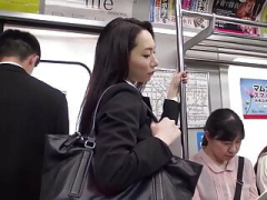 Doigter, Japonaise, Massage, Bureau, Collant, Chatte, Nénés, Train