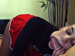 Cute cheerleader with braces gags on cock