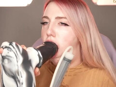 Horse Suck - Blonde deepthroating monster cock dildo