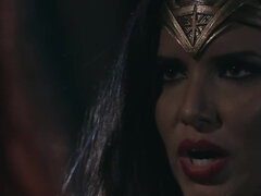 Masked redhead turns conflict with Wonder Woman into lesbian sex