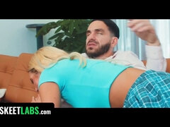 Nerdy Leana Lovings joins the threesome and ends up getting a big load in her mouth - Fluffers Pt.2