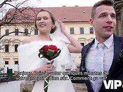 Watch this gorgeous Euro bride in bridal dress suck stranger's hard cock and get pounded in HD