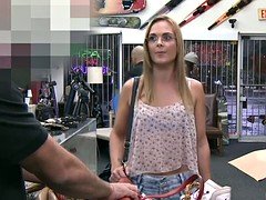 Nerdy blonde woman gets fucked hard in the shop
