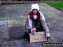 Homeless girl gets a waffle and a granddad dick for lunch