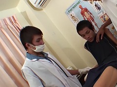 Skinny Asian twink fucked bareback in a threesome with the doctor in the infirmary
