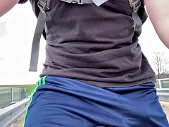 Huge cumshot while cycling, public masturbation