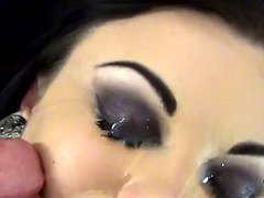Heavily made up big boobed Scarlet Lavey titjob rimming and cum on eyes