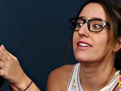 Cfnm teen with pigtails sucks and jerks off hard cock until cumshot