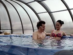 Elegant babe with beautiful body sucks old dick in jacuzzi