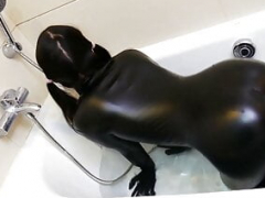 Aziatisch, Grote kont, Vrouw, Handschoenen, Masseren, Orgasme, Rubebrstof, Douche
