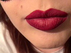 Teen red lipstick closeup dt, jism on tongue and gulp