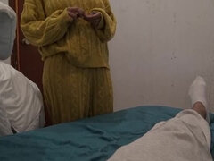 Stepmom Susan gives stepson a handjob in his bedroom - hairy mature mom plays with morning wood