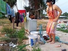 Asiático, Amarrada, Corrida, Pajear, Transexual asiatica, Al aire libre, Pov, Ducha