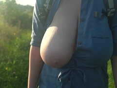 デカパイ, ブロンド, 巨乳な, 露出狂, 自然山雀, アウトドア, 公共, オッパイの