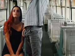 Stranger fucks teen redhead student on public bus - risky public sex creampie