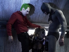 A sexy bimbo is getting fucked by two men in a batman parody scene