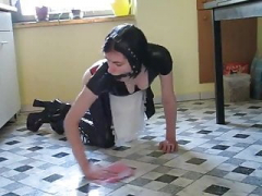 Latex fetish maid vibrator sex in kitchen