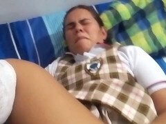 Amateur Latina stepdaughter in a student uniform takes it from her stepdad in gonzo style