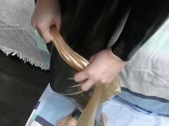 Gorgeous slim babe embraces the sensual embrace of a double-layered spandex neck entry catsuit