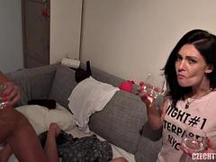 Lesbian party with a huge cucumber: Babe, Brunette Threesome Porn