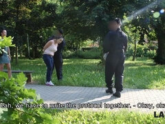 Sofia Lee's big boobs and chubby frame get used by guards while being punished for her criminal deeds