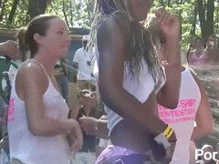 Real adventures sequence with big and small tits, mom dancing in a wet t-shirt at a nudist gathering