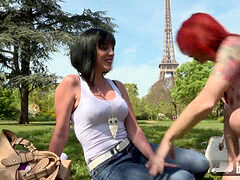 hot lesbians Mya Lorenn and Julie Share a wand in Public