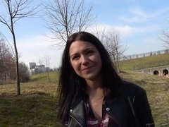 Russian waitress Jessica Lincoln doggystyle fucking & guzzling cum outdoor
