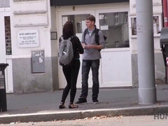 Hot brunette tourist gets fingered & licked by well-hung stranger for cash