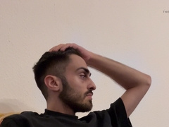 Fur covered boy tugging off XXL trunk