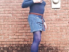 Crossdress outdoors, feeling myself all over in nylon pantyhose and  miniskirt.