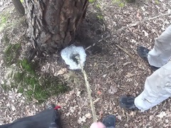 two friends pissing together a big puddle under the tree