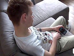 youngster plays with his foreskin before milking it off alone