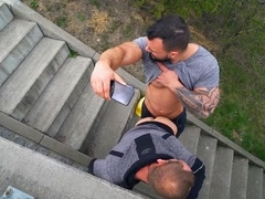 Jerome and Marty enjoy slow pleasure alongside a public road in reality gay scene