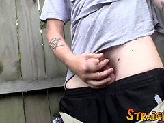 horny inked thug Lex is getting his spear out in a yard
