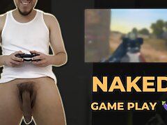 Young man loves to play video games naked and leave his big uncut cock dangling