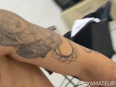 Inked Edu Scot bent over to welcome the long thick cock into his tight asshole