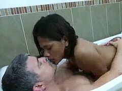 Jap guy with long hair gets banged toughly in a bath