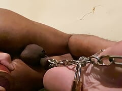 8mm Pierced Cock Chained with a Lock on my Big Toe While I try to Stretch my Asshole and Show my Soles