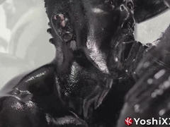 Asian Damian Dragon and Yoshi Kawasaki splatter oily black goo while breeding raw