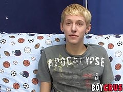 Interviewed blonde twink Kenny Monroe wanking off and cums
