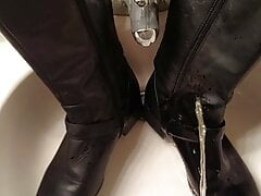Piss on female friend's riding boots