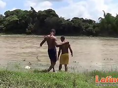 Studly Latin twinks get a boner after a skinny dip