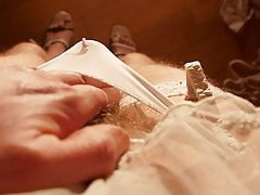 Crossdresser in silky white lingerie (Thlin1070458)