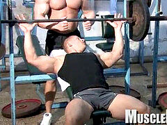 Muscle gay rimjob with cumshot