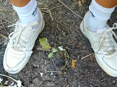 Piss And Cum - Cleaning Used White Sneakers With Pee And Cum And Pee Again In The Garden