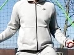 Guy skipping with huge bulge bouncing in trackies